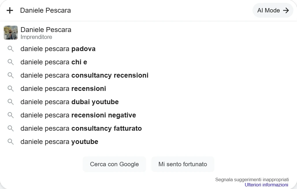 Suggerimenti di ricerca Google per Daniele Pescara: padova, chi è, consultancy recensioni, recensioni, dubai youtube